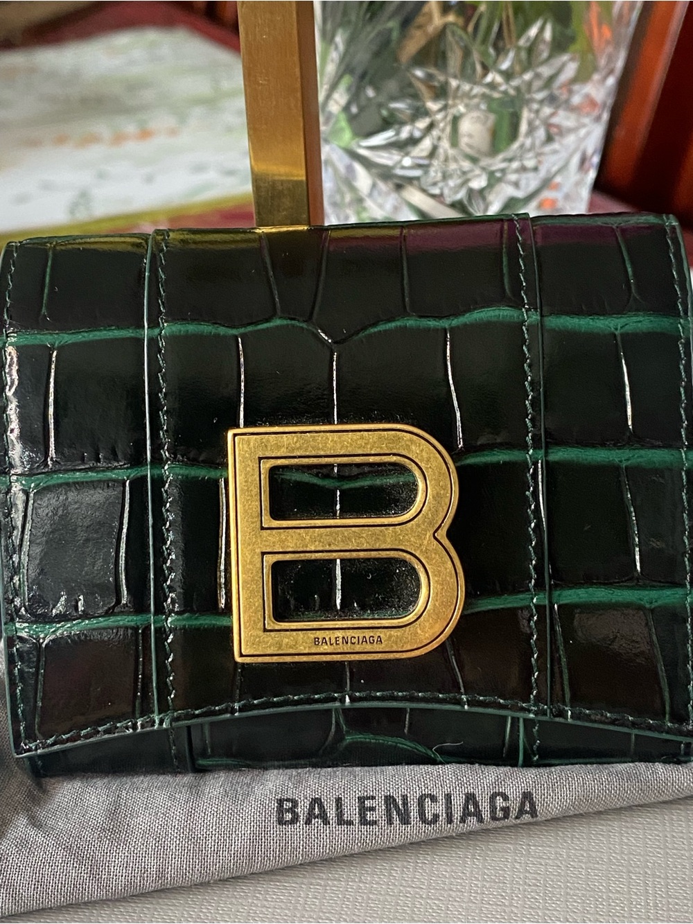 Balenciaga Women's Black & Green Croc-Embossed Leather Wallet with Gold 'B' Logo